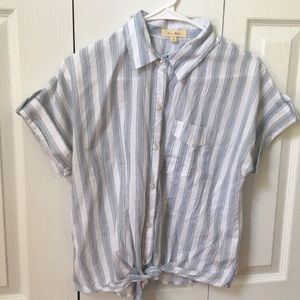 short sleeve blue and white striped button up
